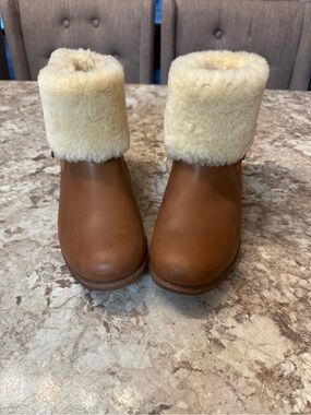 UGG Chestnut Leather Ankle Boots with Cream Shearling Cuff